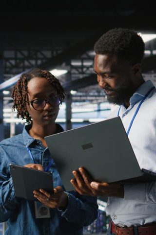 Data center system administrators using laptop to review AI LLM visualizations. African american IT specialists use device to analyze neural networks outputs, ensuring stable gear operations